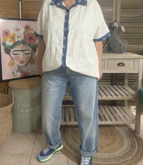 Chemise blanche ample broderie anglaise & jeans brodé du 40 au 52