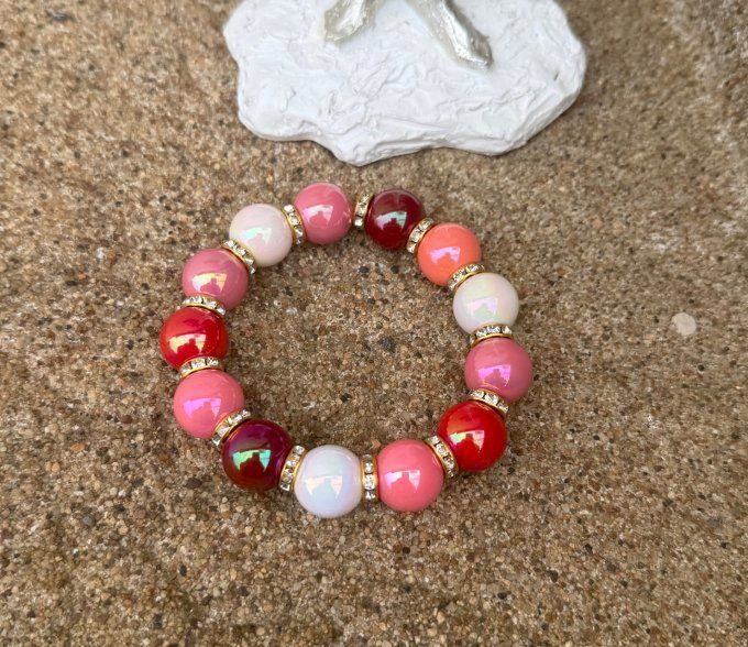Bracelet ARTISANAL extensible perles effet céramique apprêts strass dorés TOUTES TAILLES