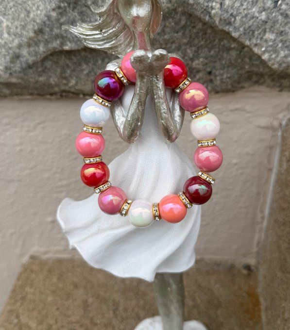 Bracelet ARTISANAL extensible perles effet céramique apprêts strass dorés TOUTES TAILLES