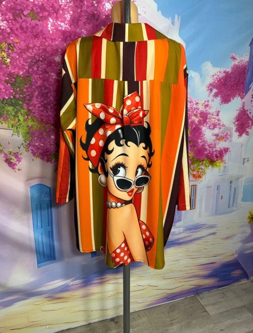 Chemise rayée kaki orange choco olive manches réglables Betty Boop du 40 au 52 