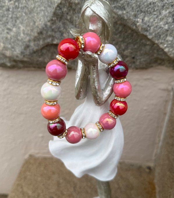 Bracelet ARTISANAL extensible perles effet céramique apprêts strass dorés TOUTES TAILLES