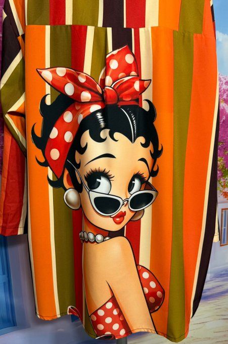 Chemise rayée kaki orange choco olive manches réglables Betty Boop du 40 au 52 