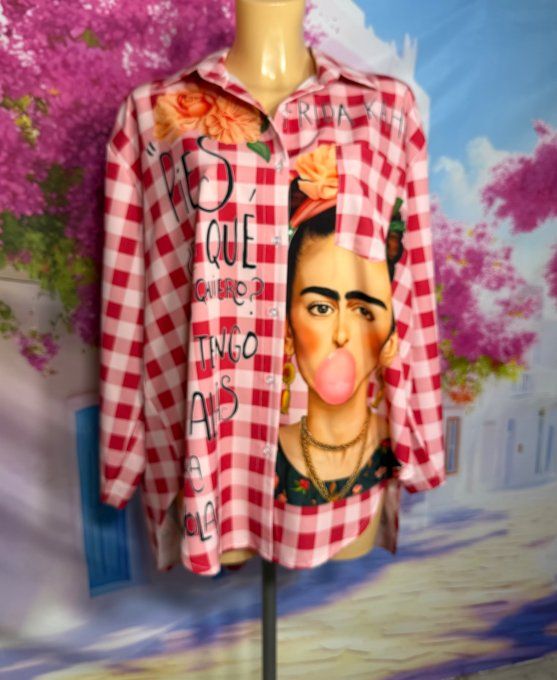 Chemise carreaux rouges roses manches réglables Frida Kahlo Bubble du 40 au 52