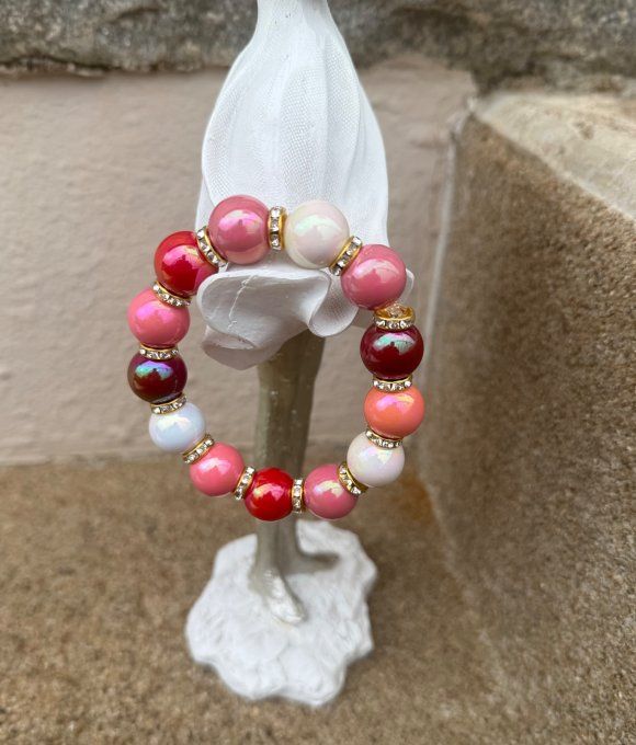 Bracelet ARTISANAL extensible perles effet céramique apprêts strass dorés TOUTES TAILLES