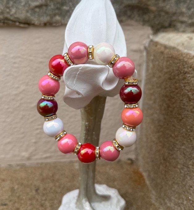 Bracelet ARTISANAL extensible perles effet céramique apprêts strass dorés TOUTES TAILLES