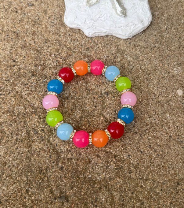 Bracelet ARTISANAL N°3 extensible perles multicolores apprêts strass dorés TOUTES TAILLES 