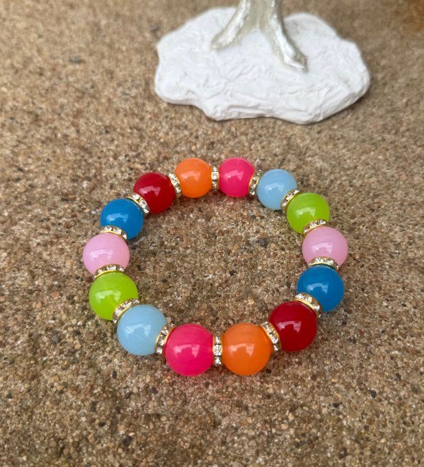 Bracelet ARTISANAL N°3 extensible perles multicolores apprêts strass dorés TOUTES TAILLES 