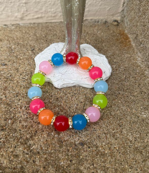 Bracelet ARTISANAL N°3 extensible perles multicolores apprêts strass dorés TOUTES TAILLES 