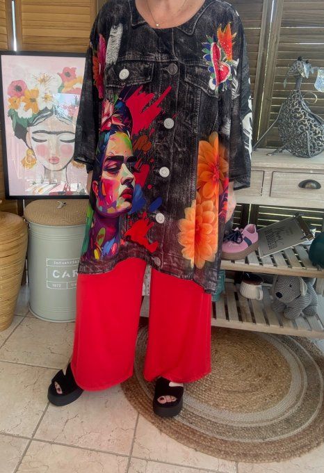 Tunique voile doublée oversize effet jeans noir Frida Kahlo aux Fleurs du 40 au 52 