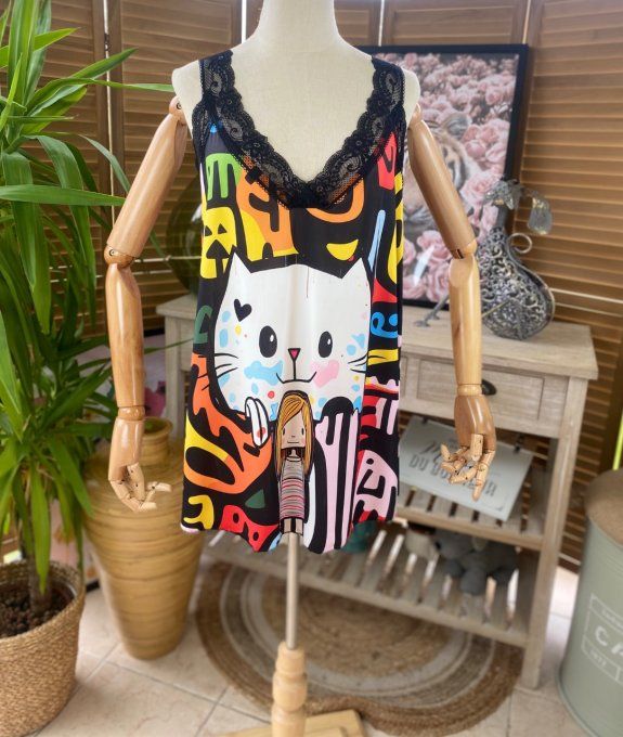 Caraco Débardeur Top trapèze satiné mat & dentelle Kawaï La Fillette et le Chat  du 40 au 52 