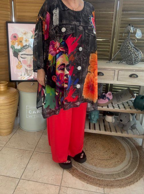 Tunique voile doublée oversize effet jeans noir Frida Kahlo aux Fleurs du 40 au 52 