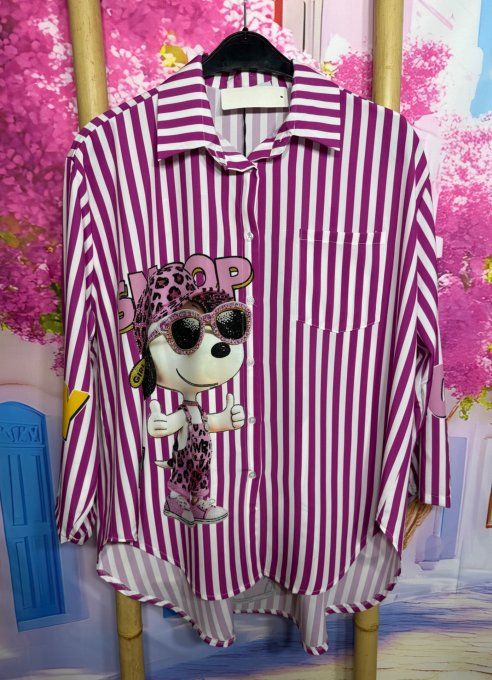 Chemise rayée Aubergine et blanche manches réglables Snoopy Léopard violet  du 40 au 50/52