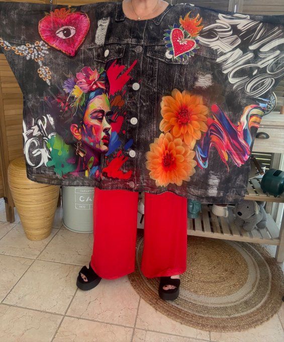 Tunique voile doublée oversize effet jeans noir Frida Kahlo aux Fleurs du 40 au 52 