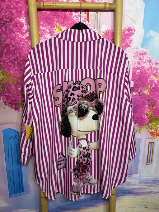 Chemise rayée Aubergine et blanche manches réglables Snoopy Léopard violet  du 40 au 50/52