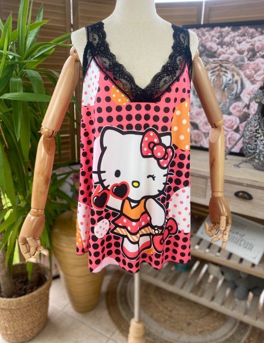 Caraco Débardeur Top trapèze satiné mat & dentelle pois Hello Kitty du 40 au 52 