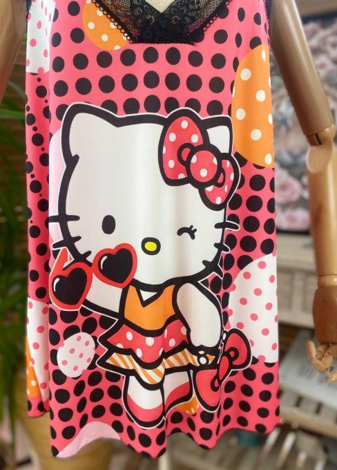 Caraco Débardeur Top trapèze satiné mat & dentelle pois Hello Kitty du 40 au 52 