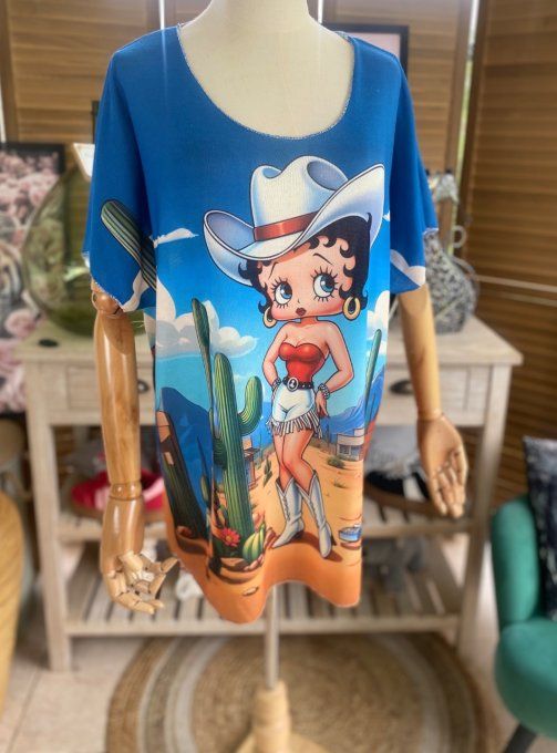 Top fin ample bleu Betty Boop Country Girl du 40 au 52  