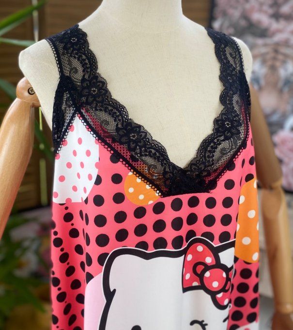 Caraco Débardeur Top trapèze satiné mat & dentelle pois Hello Kitty du 40 au 52 