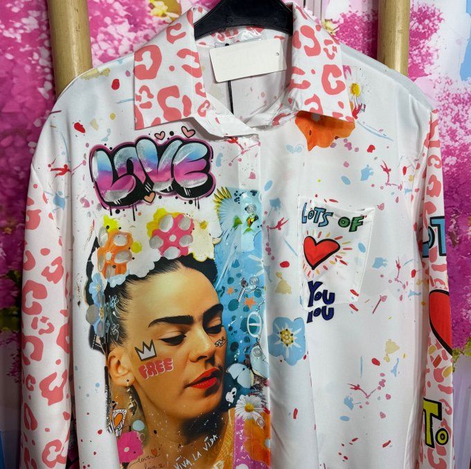 Chemise blanche & Léopard corail manches réglables Frida Kahlo Street Art du 40 au 50/52 