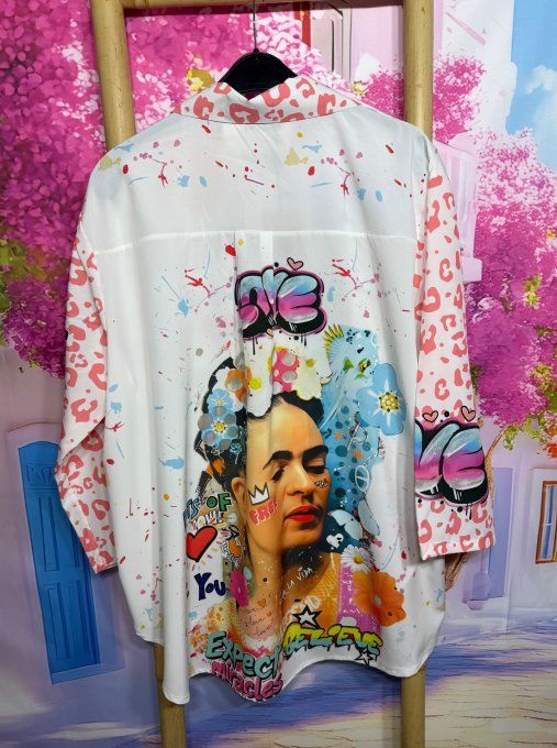 Chemise blanche & Léopard corail manches réglables Frida Kahlo Street Art du 40 au 50/52 