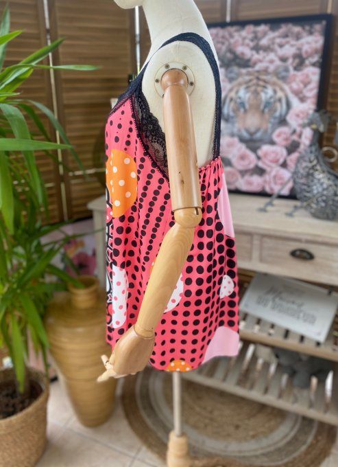 Caraco Débardeur Top trapèze satiné mat & dentelle pois Hello Kitty du 40 au 52 