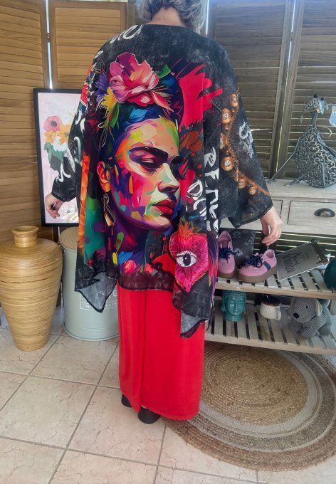 Tunique voile doublée oversize effet jeans noir Frida Kahlo aux Fleurs du 40 au 52 