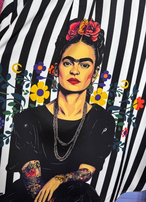 Chemise rayée noire et blanche manches réglables Tattoo Frida Kahlo & Fleurs du 40 au 50/52