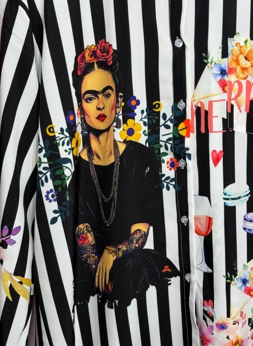 Chemise rayée noire et blanche manches réglables Tattoo Frida Kahlo & Fleurs du 40 au 50/52