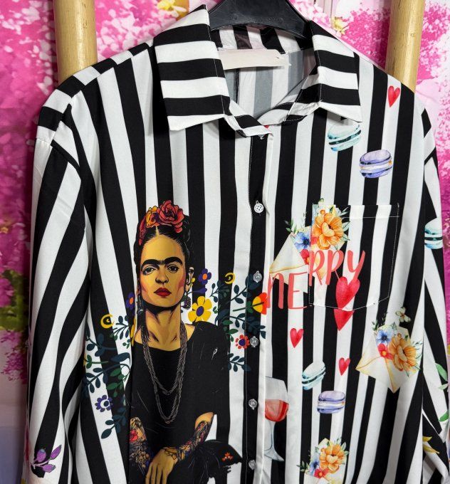 Chemise rayée noire et blanche manches réglables Tattoo Frida Kahlo & Fleurs du 40 au 50/52