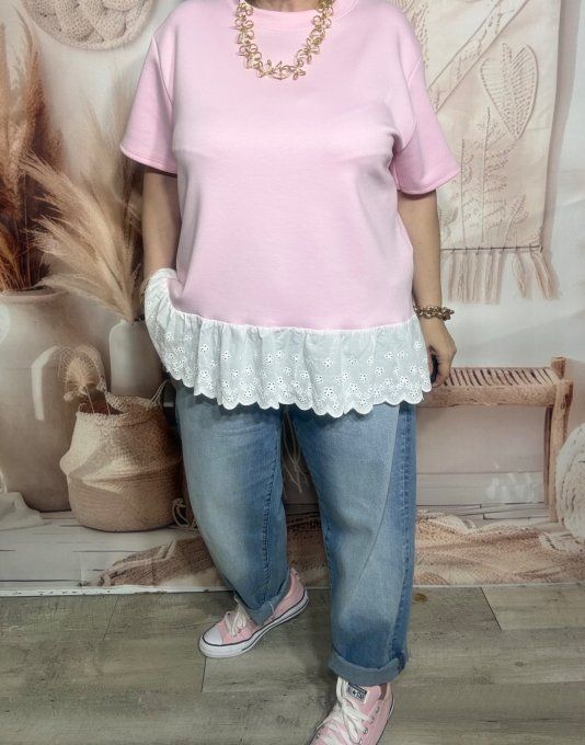 Top trapèze rose bébé volants broderie anglaise blanche douceur +++ du 36 au 46/48  