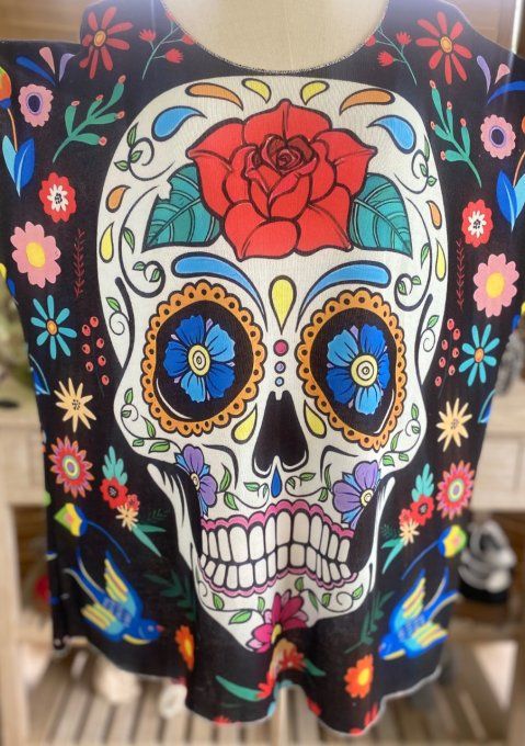 Top fin ample noir Mexican Skulls Calaveras & fleurs du 40 au 52 