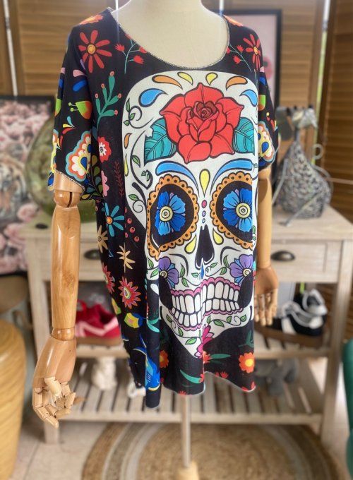 Top fin ample noir Mexican Skulls Calaveras & fleurs du 40 au 52 