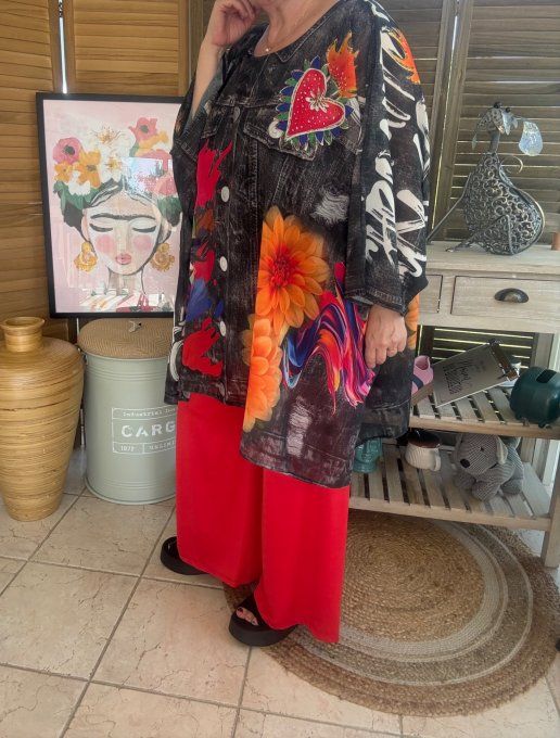 Tunique voile doublée oversize effet jeans noir Frida Kahlo aux Fleurs du 40 au 52 