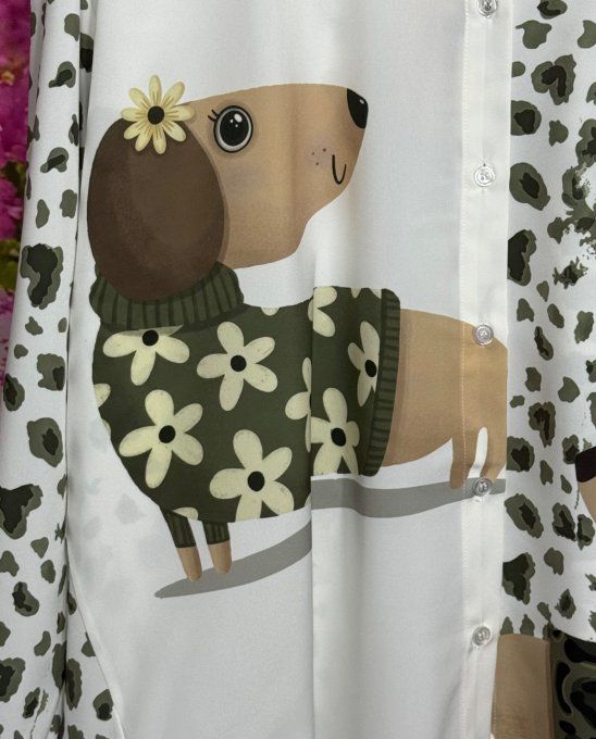 Chemise blanche & Léopard Kaki manches réglables Les Chiens Teckel du 40 au 50/52  