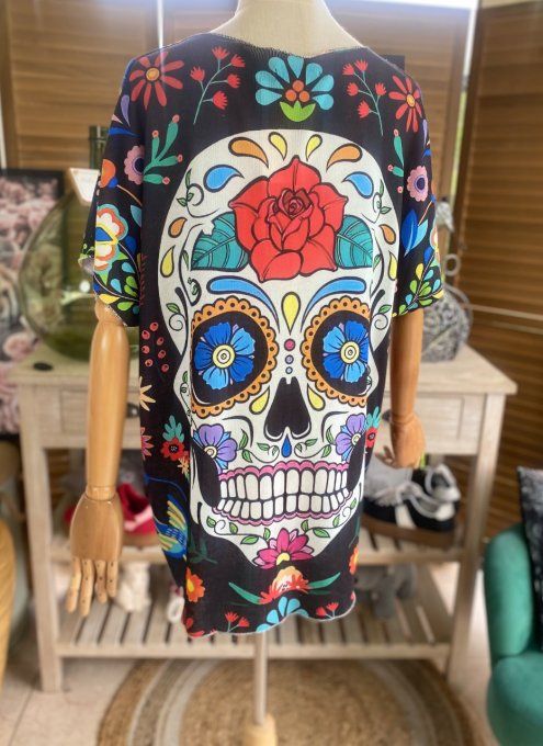 Top fin ample noir Mexican Skulls Calaveras & fleurs du 40 au 52 