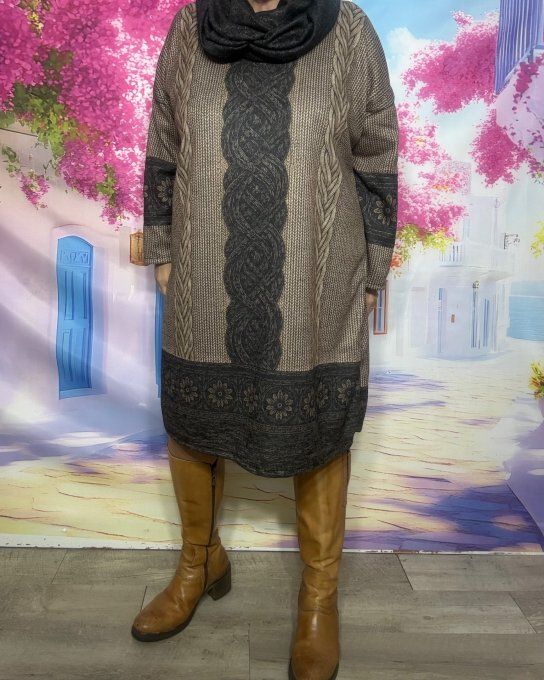 Robe courte ou Maxi-tunique beige chiné + Tour de cou Effet Maille Tricot Douceur +++ du 40 au 50