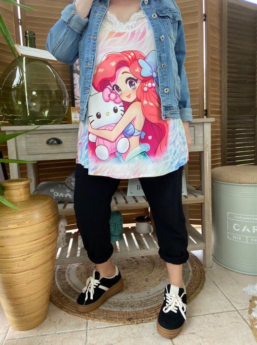 Caraco Débardeur Top trapèze satiné mat & dentelle Sirène Ariel et Kitty du 40 au 52  