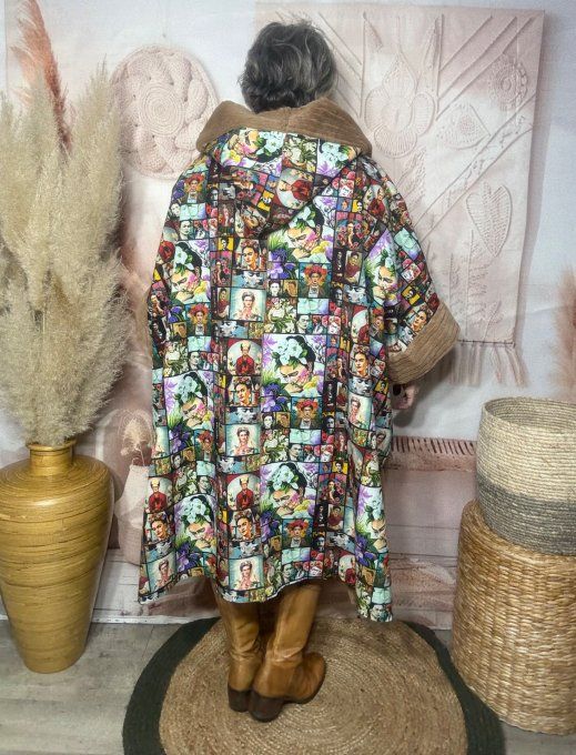 Manteau-cape oversize tout doublé velours camel Frida Kahlo TOUTES TAILLES jusqu'au 60 