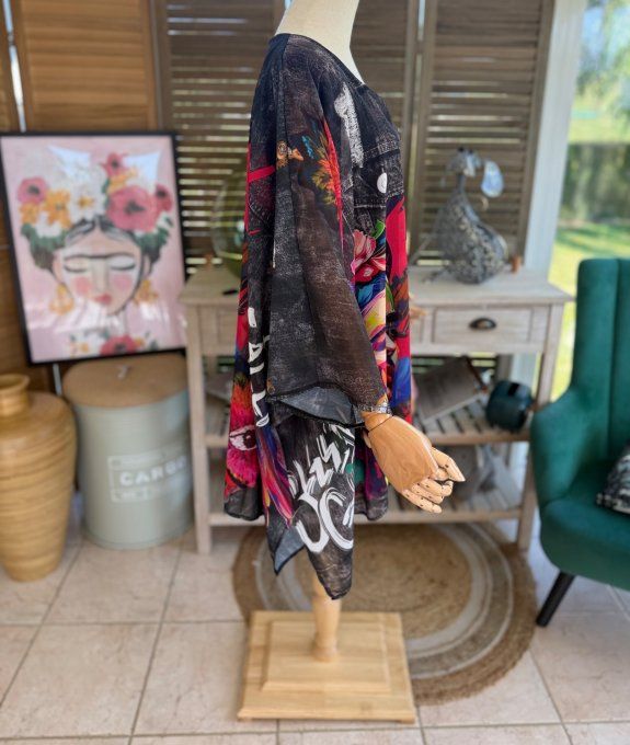 Tunique voile doublée oversize effet jeans noir Frida Kahlo aux Fleurs du 40 au 52 