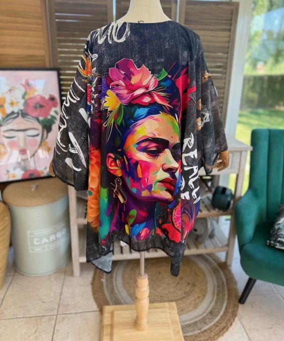 Tunique voile doublée oversize effet jeans noir Frida Kahlo aux Fleurs du 40 au 52 