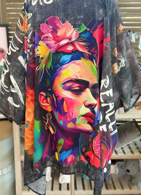 Tunique voile doublée oversize effet jeans noir Frida Kahlo aux Fleurs du 40 au 52 