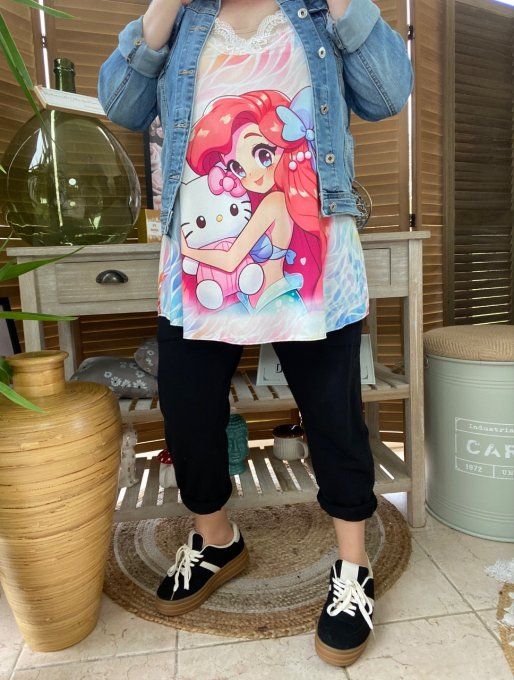 Caraco Débardeur Top trapèze satiné mat & dentelle Sirène Ariel et Kitty du 40 au 52  
