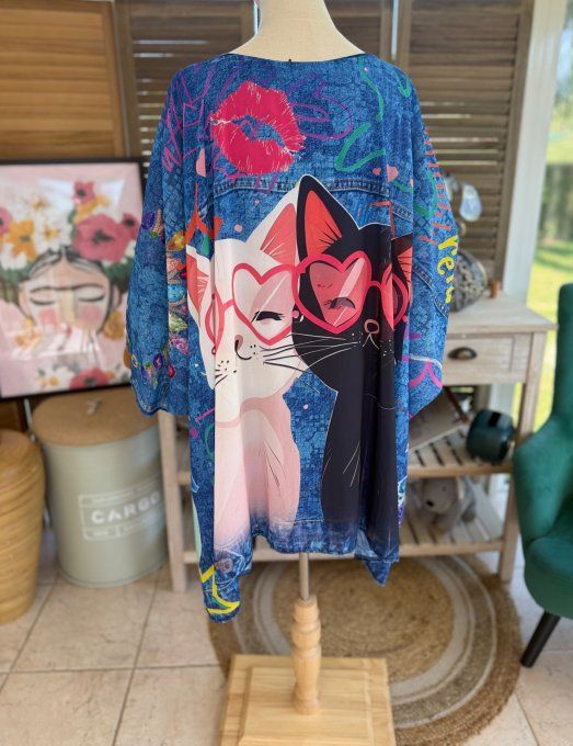 Tunique voile doublée oversize effet jeans délavé Le duo de chats du 40 au 52  