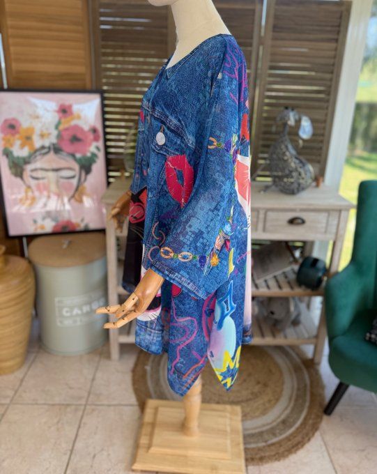 Tunique voile doublée oversize effet jeans délavé Le duo de chats du 40 au 52  