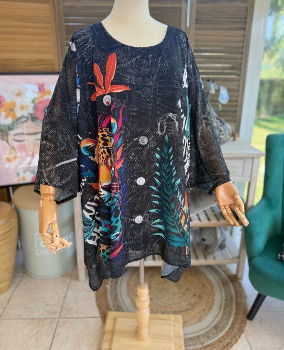Tunique voile doublée oversize effet jeans noir Jungle Tropicale Le Tigre du 40 au 52 