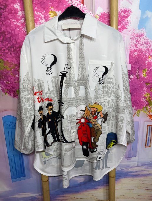 Chemise blanche effet BD manches réglables Tintin & Milou à Paris du 40 au 50/52