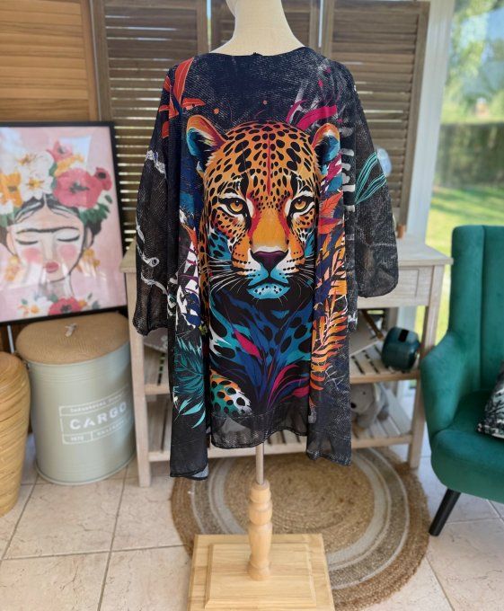 Tunique voile doublée oversize effet jeans noir Jungle Tropicale Le Tigre du 40 au 52 