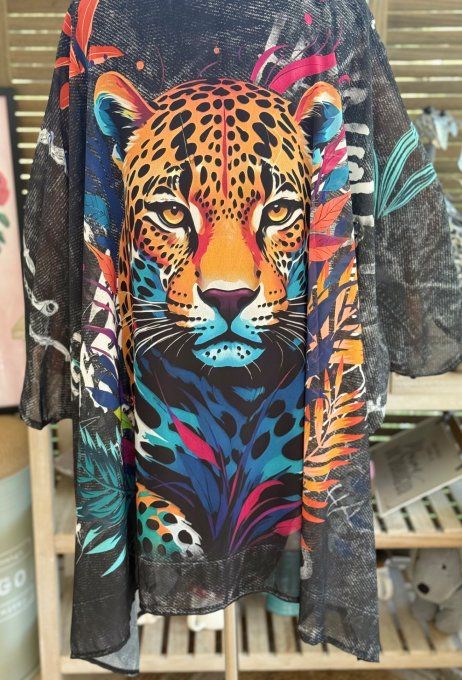 Tunique voile doublée oversize effet jeans noir Jungle Tropicale Le Tigre du 40 au 52 