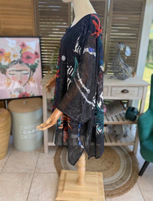 Tunique voile doublée oversize effet jeans noir Jungle Tropicale Le Tigre du 40 au 52 