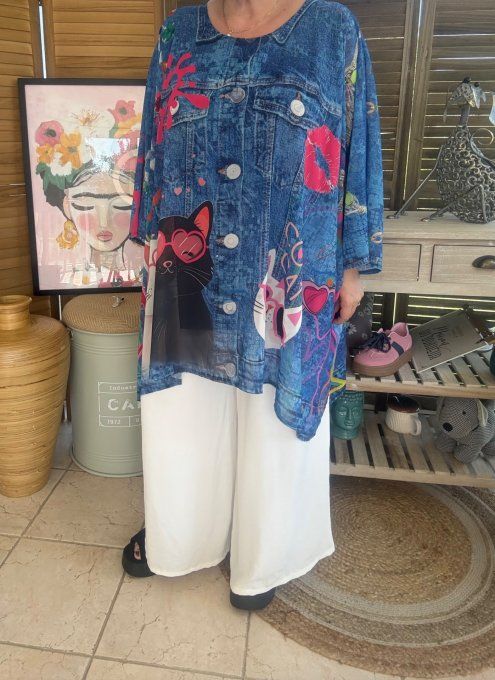 Tunique voile doublée oversize effet jeans délavé Le duo de chats du 40 au 52  